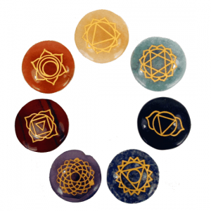 Halbedelsteine - Chakra-Symbole mit Tasche (7er Set, rund)