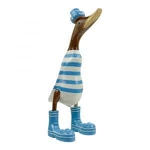 Statue Ente aus Holz mit Hut und Stiefeln - gestreift hellblau (35 x 17 cm)