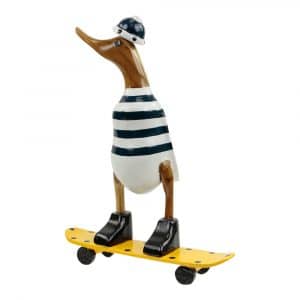 Statue aus Holz Ente auf Skateboard Dunkelblau (28 x 20 cm)