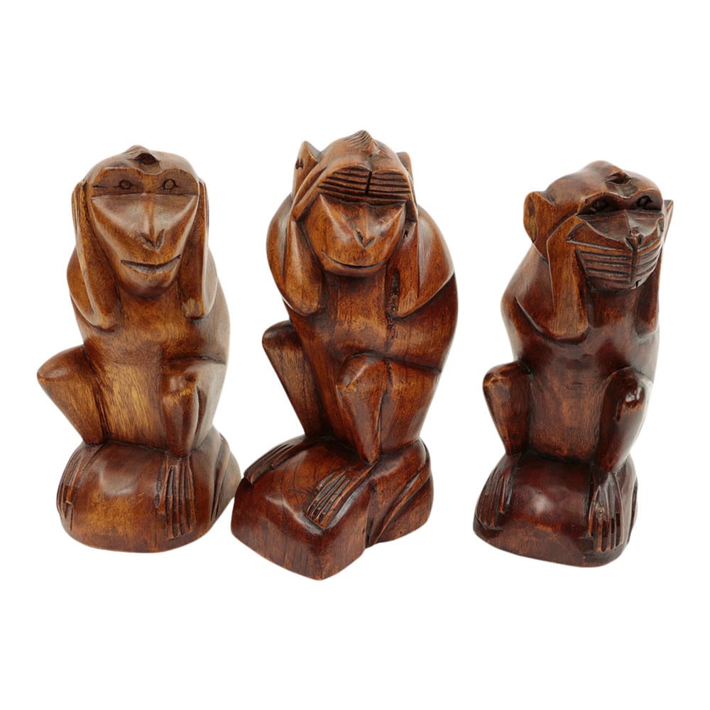 Statue aus Holz Affen sitzend - hören, sehen und sprechen nichts Böses (3er-Set)
