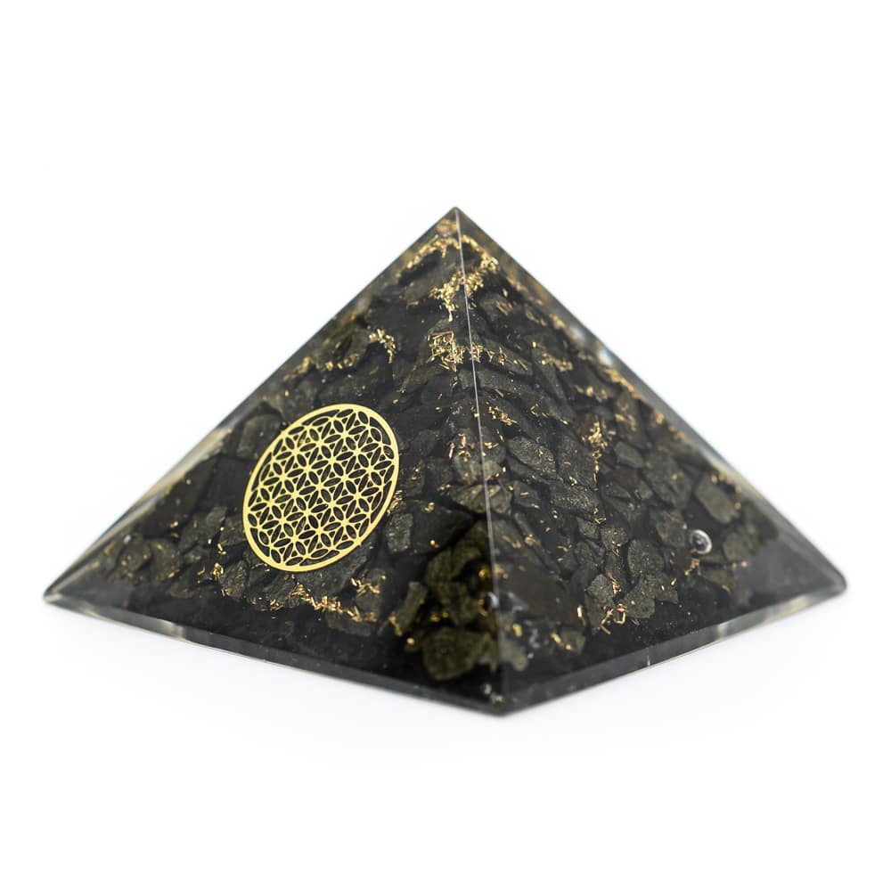 Orgonit-Pyramide aus Pyrit mit Blume des Lebens (70 mm)