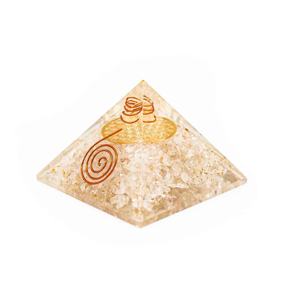 Orgon Pyramide Bergkristall mit Blume des Lebens (70 mm)