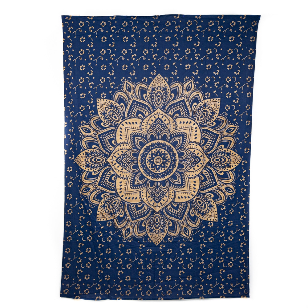 Authentisches Mandala Wandtuch Baumwolle Blau/Gold (215 x 135 cm)