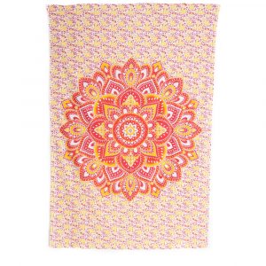 Authentisches Wandtuch Baumwolle mit rot-orangem Mandala und Blumen (215x135cm)