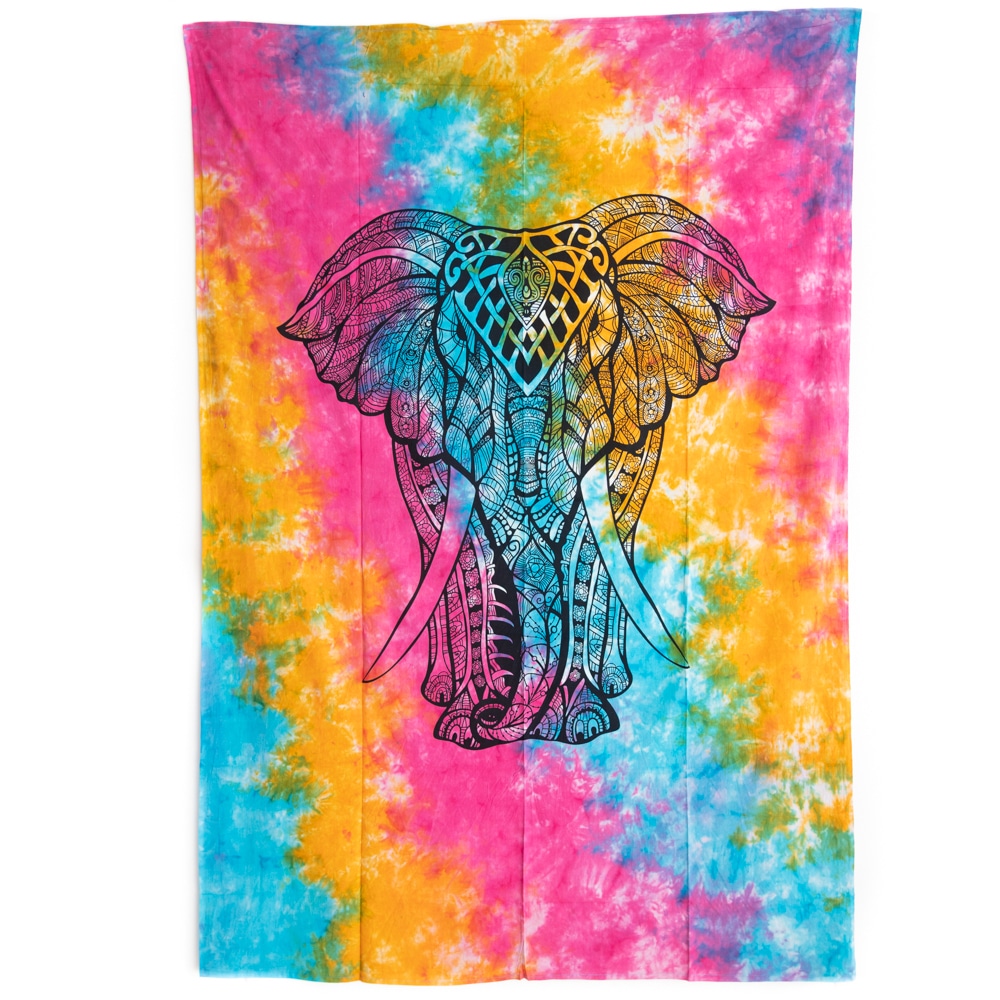 Authentisches Wandtuch Baumwolle mit farbenfrohem Elefant (215x135cm)