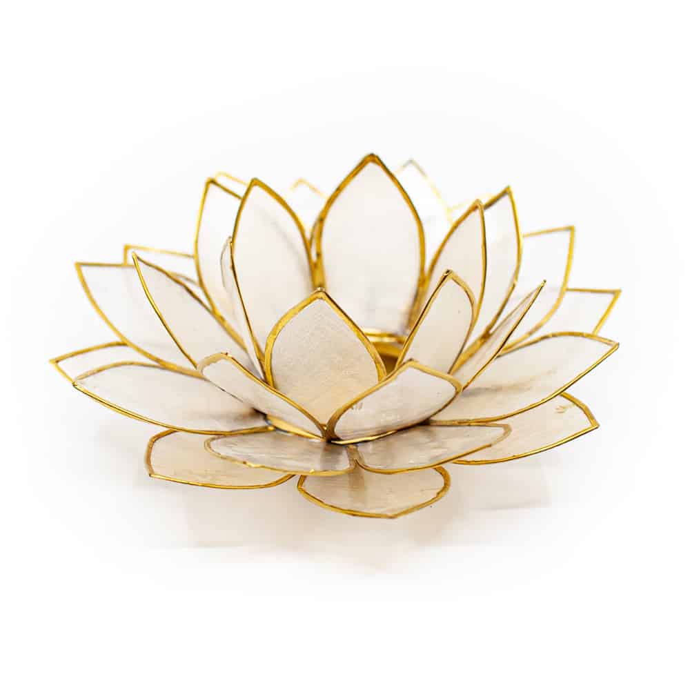 Lotusblume Stimmungslicht Teelichthalter weiß Gold auf weißem hintergrund Seitenansicht
