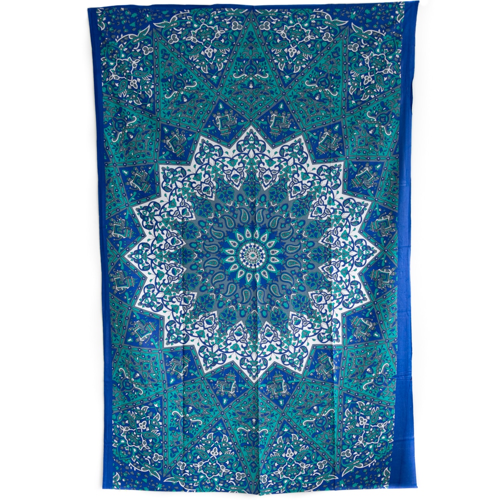 Authentisches Mandala Wandtuch Baumwolle Blau/Weiß (215 x 135 cm)