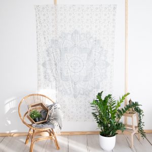 Authentisches Mandala Wandtuch Baumwolle Silber/Weiß (215 x 135 cm)