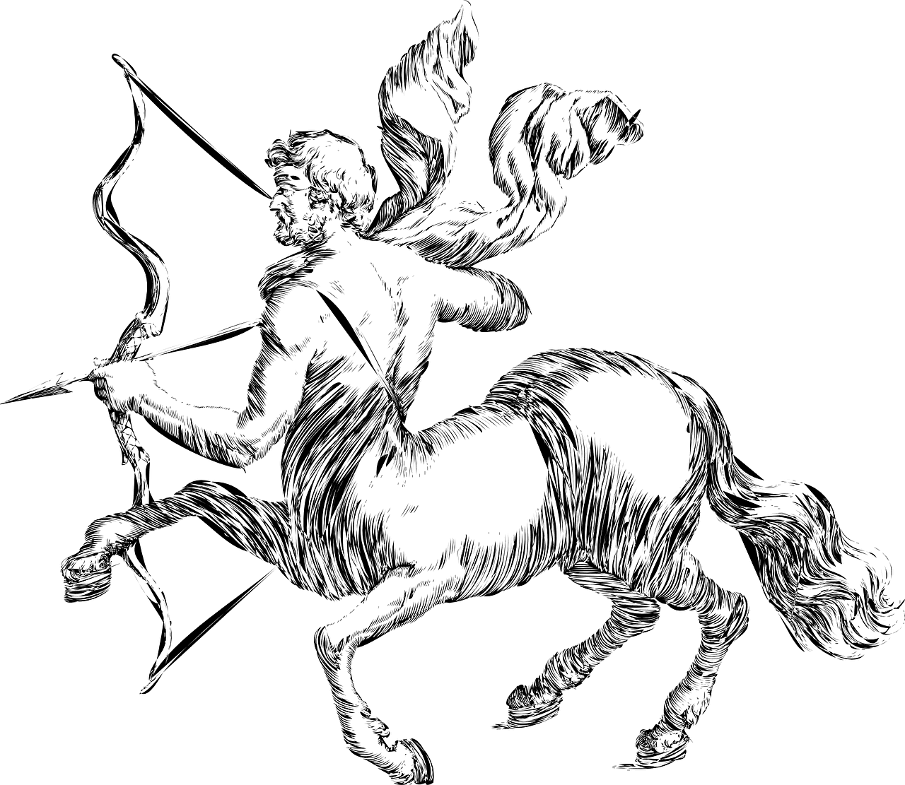 Zeichnung Schütze Zentaur Halb Mann Halb Pferd mit Pfeil und Bogen schwarz weiß