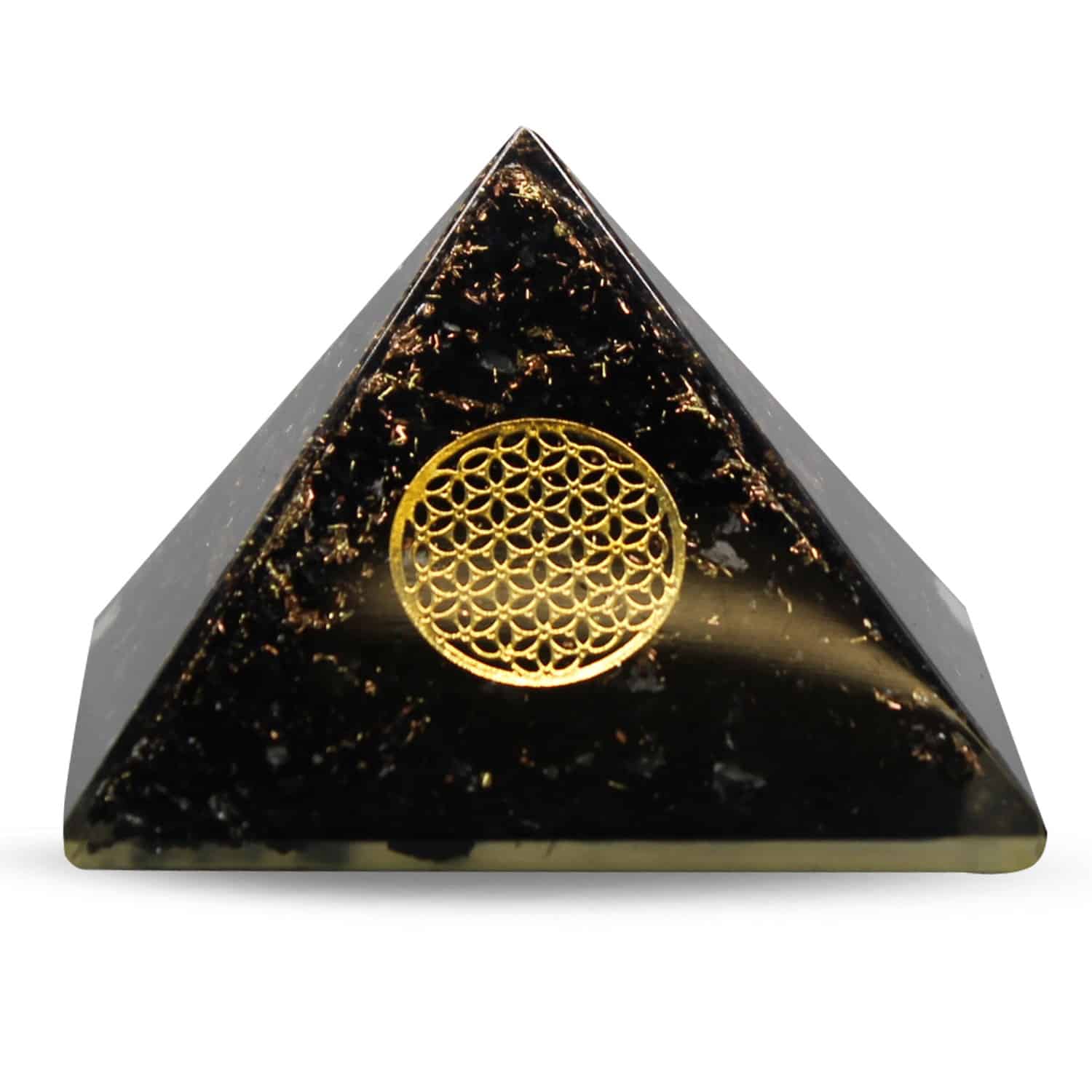 Orgonpyramide aus schwarzem Turmalin mit Blume des Lebens Groß