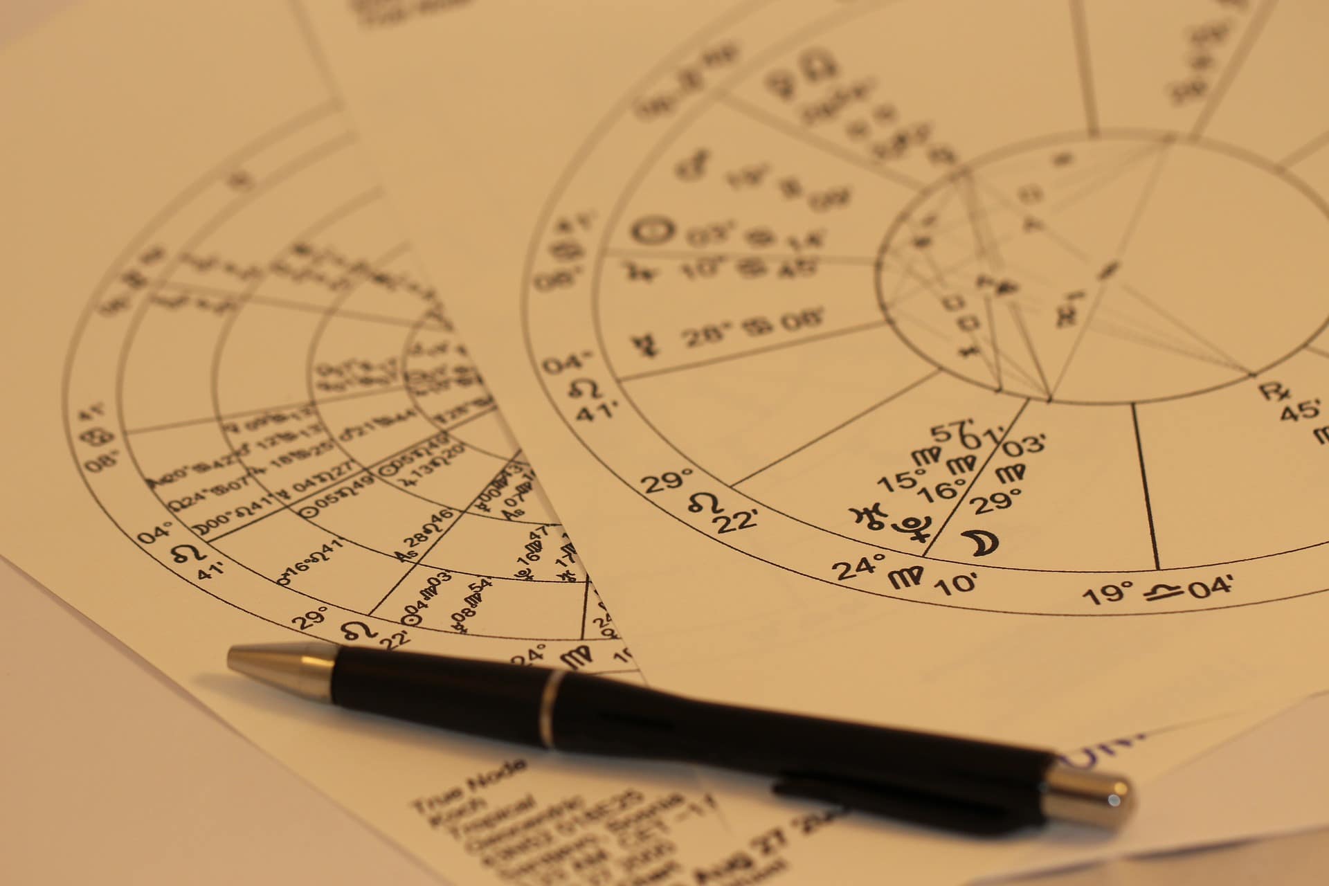 astrologische Karte Kompass Blätter mit schwarzem Stift
