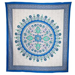 Authentisches Mandala-Wandtuch Baumwolle Blau Kreis mit Blumen (206 x 226 cm)