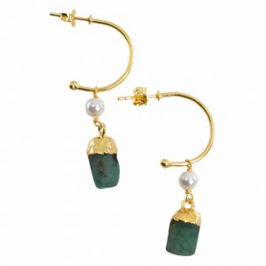 Edelstein-Ohrringe Perle und Smaragd (gefärbt) 925 Silber Gold (45 mm)