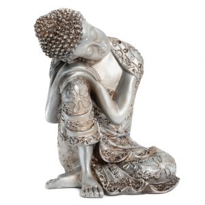 Thailändische Buddhafigur Schlafend auf Knie Polyresin Silberfarben (22 cm)