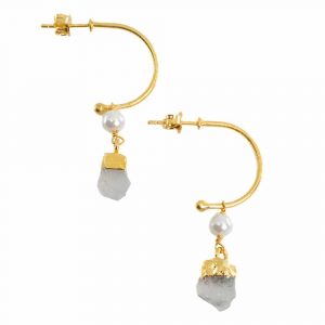 Edelstein-Ohrringe Perle und Regenbogen Mondstein 925 Silber Gold (45 mm)