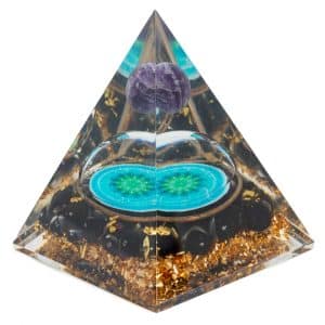 Orgonit-Pyramide Schwarze Turmalin Blume des Lebens und Amethyst-Kugel (70 mm)