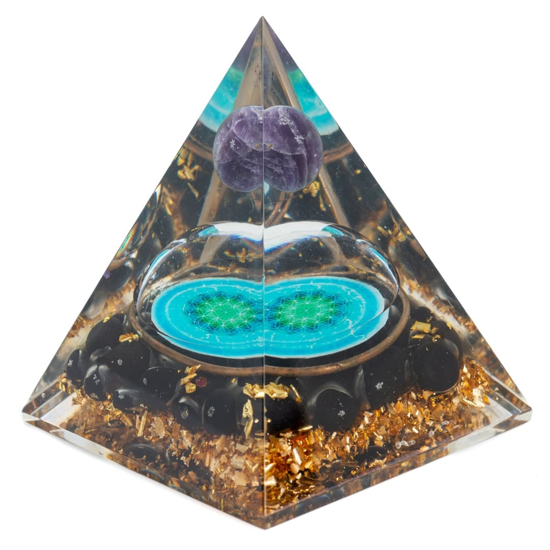 Orgonit-Pyramide Schwarze Turmalin Blume des Lebens und Amethyst-Kugel (70 mm)