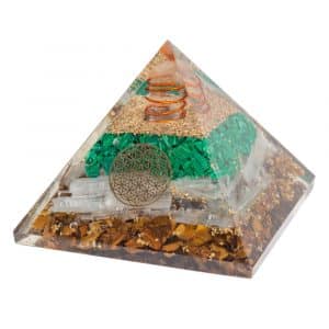 Orgonit Pyramide Malachit Selenit und Tigerauge - Blume des Lebens (70 mm)