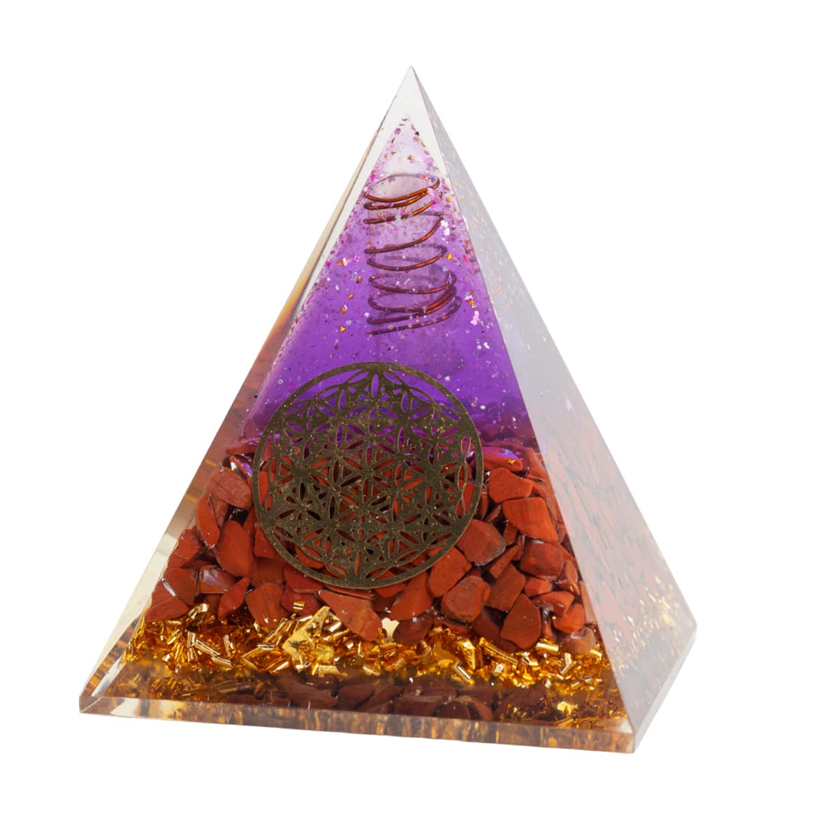 Orgonit Pyramide Bergkristall Spitze Amethyst und roter Jaspis Blume des Lebens (90 mm)