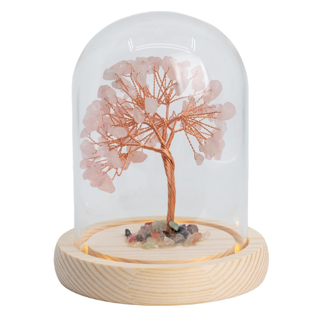 Edelsteinbaum der Liebe Rosenquarz mit Trommelsteinmix im Glas (14 cm)